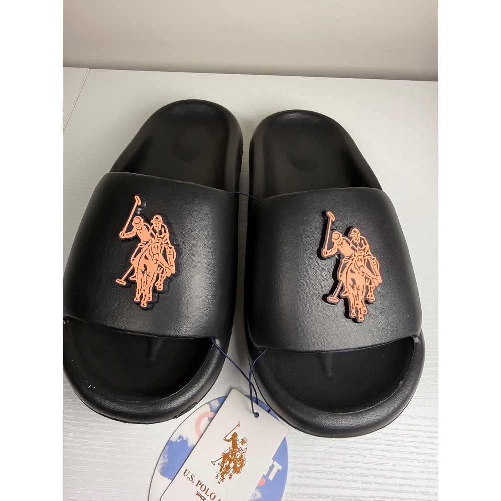 US Polo Assn Womens Comfort Slides Black Rose Gold Logo Sandals Size S 5-6 NEW